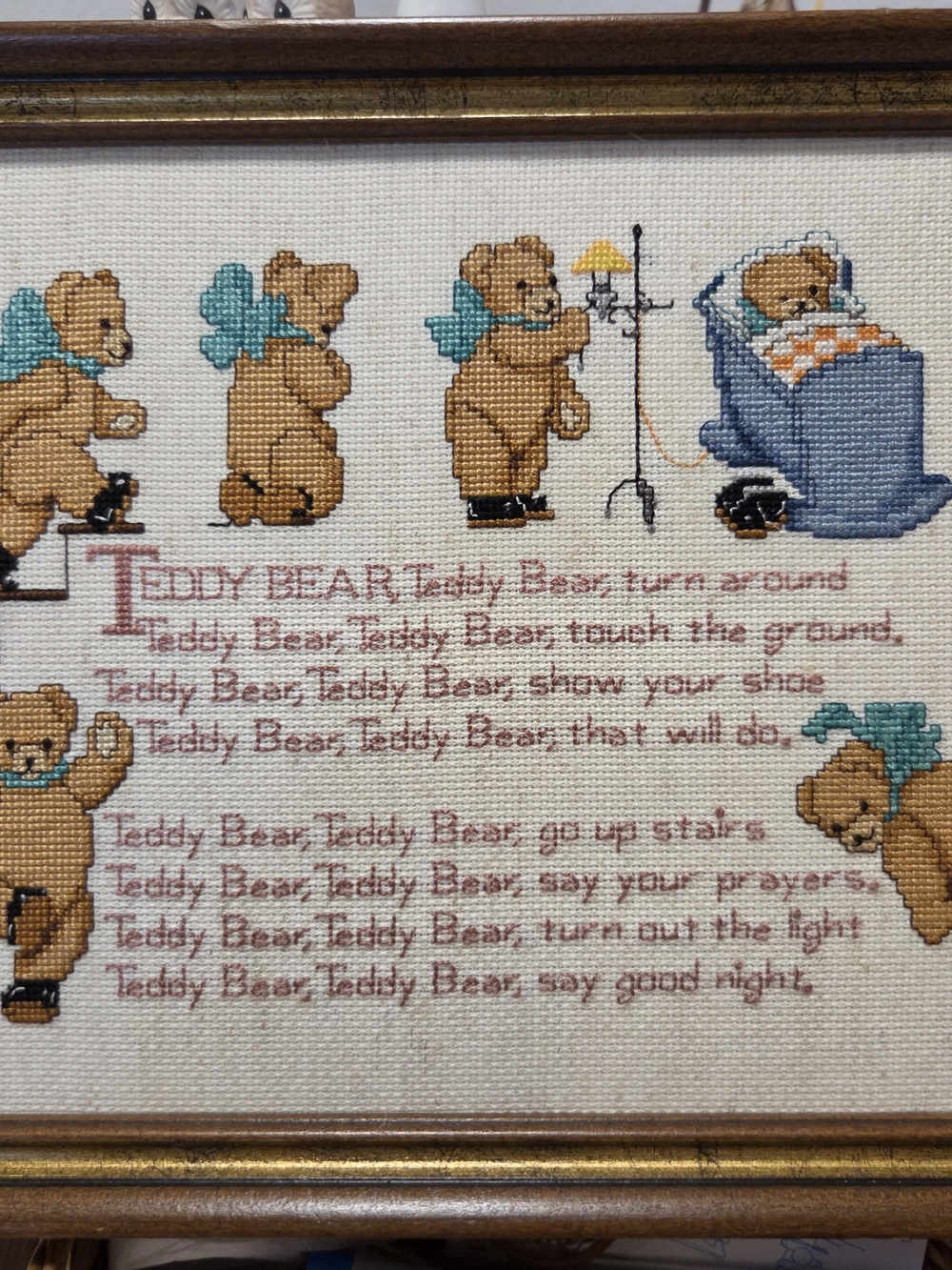 Framed Cross Stitch Teddy Bear Nursery Art